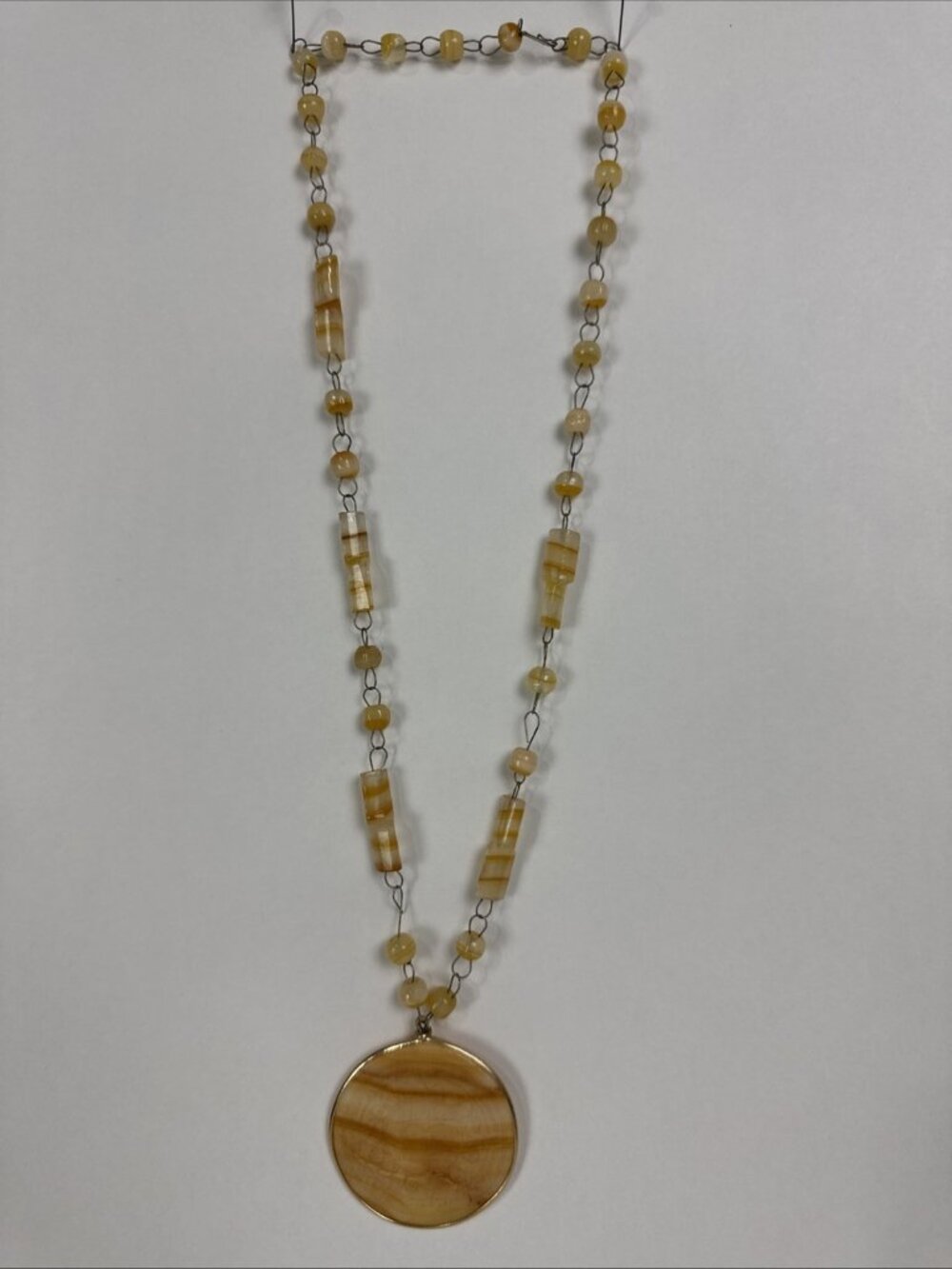 Vtg Mexican Sun Etched Honey Colored Stone Beaded Necklace aztec bezel 60s/70s
